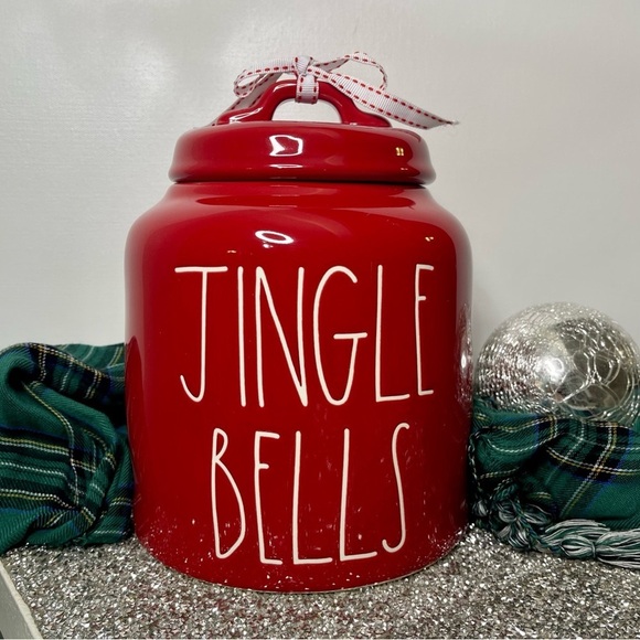 Rae Dunn Holiday Christmas Jingle Bells Cookie Jar Red Ceramic Canister New - Picture 2 of 9